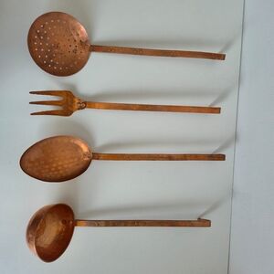 Vintage Hand-Hammered Copper Kitchen Utensil Set - 4 Piece Farmhouse Wall Decor